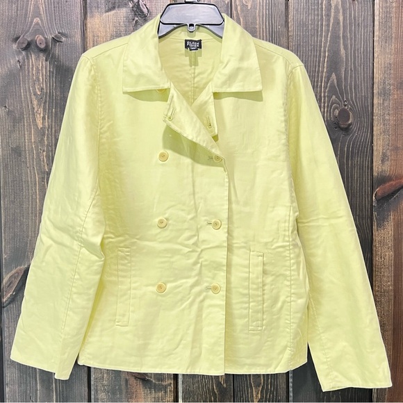 Eileen Fisher Pea Coat M Petite PM Key Lime Double Button Stretch Cotton Summer - Picture 1 of 9